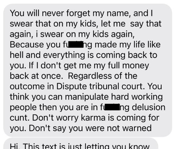 Redacted message demanding money.